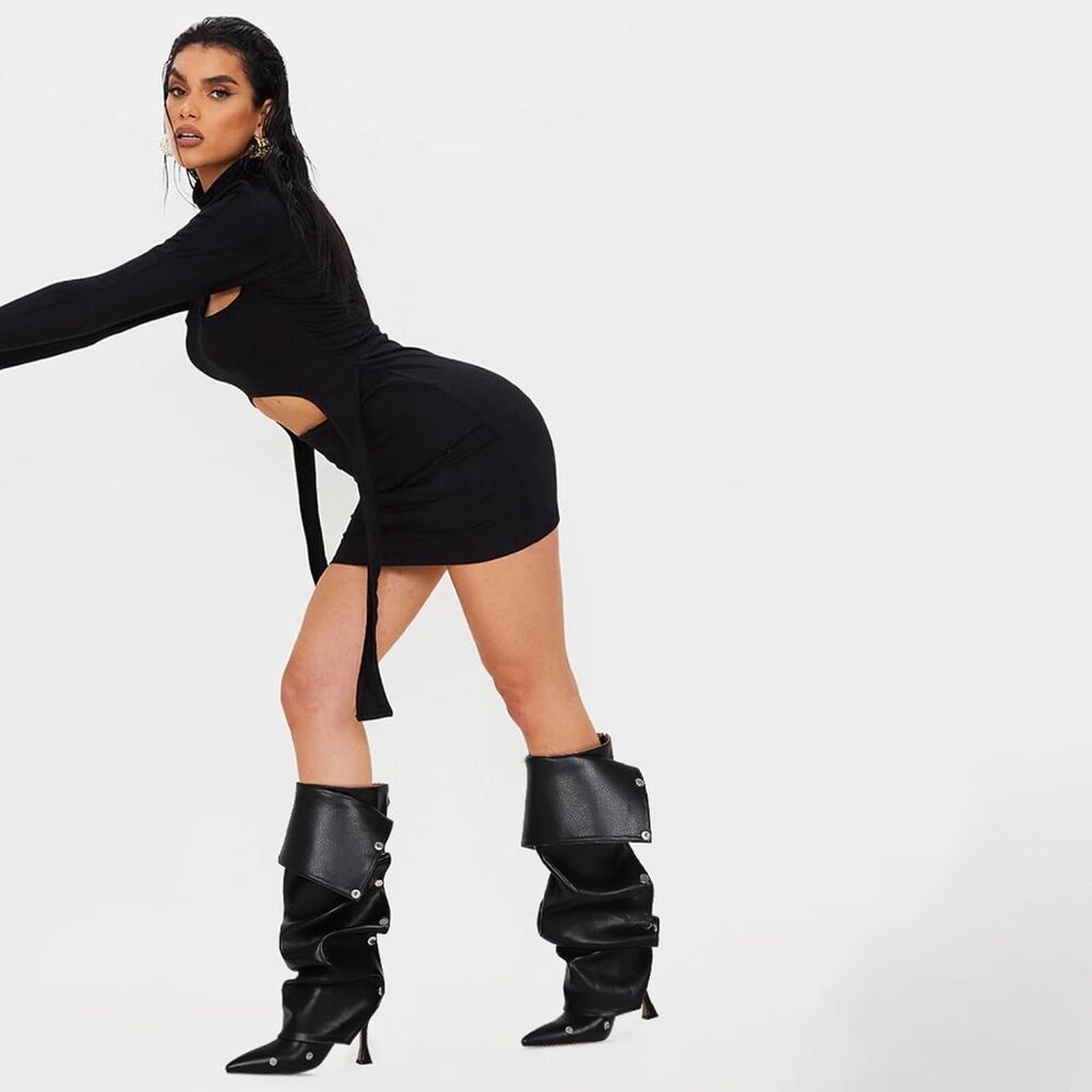 ⚡Women's Black Knee High Boots Stiletto Boots Pointed Toe High Heels Wide Calf - Picture 3 of 6